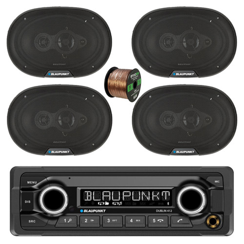 Blaupunkt DUBLIN 412 Heavy Duty USB Bluetooth MP3 Stereo Reciever, 4x 6x9" 70 Watt Max 4-Way Car Audio Speakers w/Wire