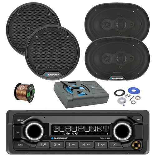 Blaupunkt DUBLIN 412 Heavy Duty USB Bluetooth MP3 Stereo Reciever, 2x 6" 40 Watt Full Range 3-Way Speakers, 2x 6x9" 70 Watt 4-Way Car Audio Speakers, 8" Amplified Subwoofer w/Install Kit, Wire
