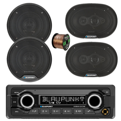 Blaupunkt DURBAN 424 Single Din 24V Bluetooth DAB+ Stereo Reciever, 2x 6" 40 Watt Max Full Range 3-Way Speakers, 2x 6x9" 70 Watt Max 4-Way Car Audio Speakers w/Wire