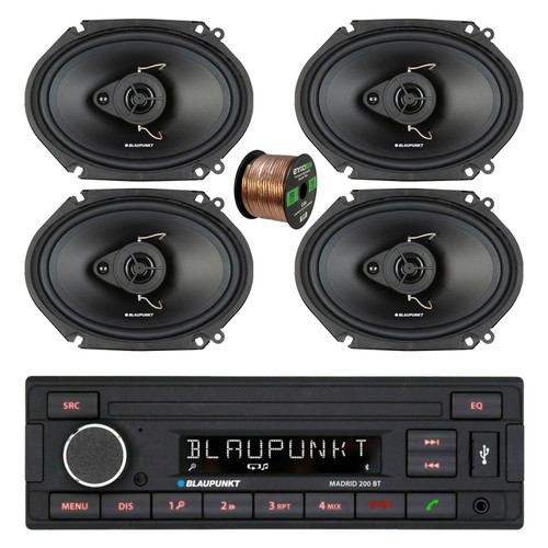 Blaupunkt Madrid 200 BT Single Din USB Bluetooth AM/FM Stereo Receiver, 4x 6x8" 60 Watt Max 3-Way Car Audio Speakers w/Wire