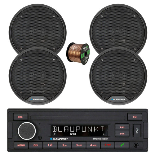 Blaupunkt Madrid 200 BT Single Din USB Bluetooth AM/FM Stereo Receiver, 4x 6.5" 60 Watt Max 3-Way Car Audio Speakers w/Wire