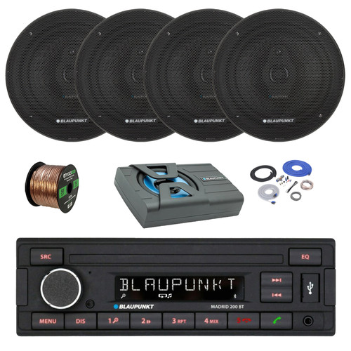 Blaupunkt Madrid 200 BT Single Din USB Bluetooth AM/FM Stereo Receiver, 4x 6.5" 70 Watt 3-Way Slim Design Car Speakers, 8" Amplified Subwoofer w/Install Kit, Wire