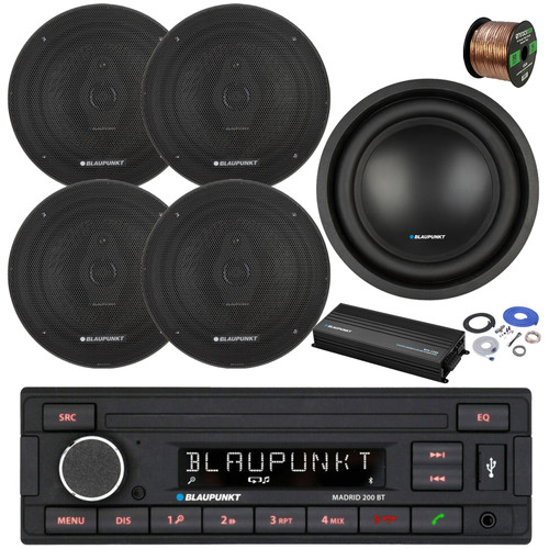 Blaupunkt Madrid 200 BT Single Din USB Bluetooth AM/FM Stereo Receiver, 4x 6.5" 70 Watt 3-Way Slim Design Car Speakers, 5-Channel Amplifier w/Install Kit, 10" Subwoofer, Wire