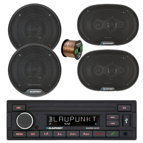 Blaupunkt Madrid 200 BT Single Din USB Bluetooth AM/FM Stereo Receiver, 2x 6" 40 Watt Max Full Range 3-Way Speakers, 2x 6x9" 70 Watt Max 4-Way Car Audio Speakers w/Wire