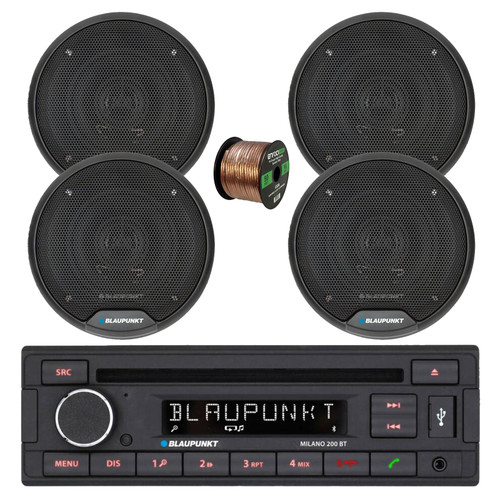 Blaupunkt Milano 200 BT Single Din USB Bluetooth AM/FM CD Stereo Receiver, 4x 6" 40 Watt Max 2-Way Car Audio Speakers w/Wire