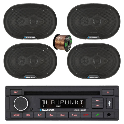 Blaupunkt Milano 200 BT Single Din USB Bluetooth AM/FM CD Stereo Receiver, 4x 6x9" 70 Watt Max 4-Way Car Audio Speakers w/Wire