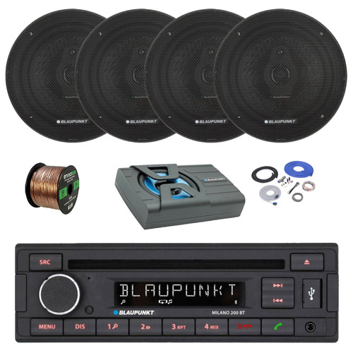 Blaupunkt Milano 200 BT Single Din USB Bluetooth AM/FM CD Stereo Receiver, 4x 6.5" 70 Watt 3-Way Slim Design Car Speakers, 8" Amplified Subwoofer w/Install Kit, Wire