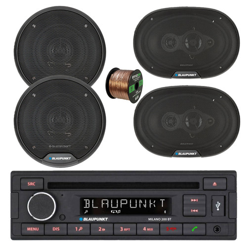 Blaupunkt Milano 200 BT Single Din USB Bluetooth AM/FM CD Stereo Receiver, 2x 6" 40 Watt Max Full Range 3-Way Speakers, 2x 6x9" 70 Watt Max 4-Way Car Audio Speakers w/Wire