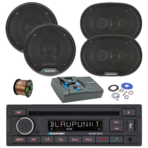 Blaupunkt Milano 200 BT Single Din USB Bluetooth AM/FM CD Stereo Receiver, 2x 6" 40 Watt Full Range 3-Way Speakers, 2x 6x9" 70 Watt 4-Way Car Audio Speakers, 8" Amplified Subwoofer w/Install Kit, Wire