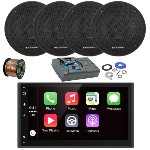 Blaupunkt MONTECARLO750 6.75" Double DIN Touchscreen Bluetooth AM/FM Stereo Receiver, 4x 6.5" 70 Watt 3-Way Slim Design Car Speakers, 8" Amplified Subwoofer w/Install Kit, Wire