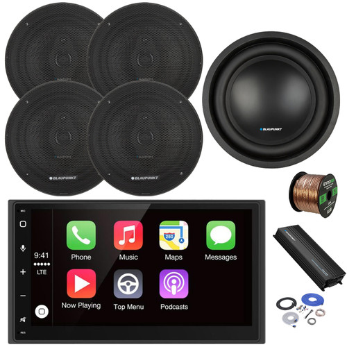 Blaupunkt MONTECARLO750 6.75" Double DIN Touchscreen Bluetooth AM/FM Stereo Receiver, 4x 6.5" 70 Watt 3-Way Slim Design Car Speakers, 5-Channel Amplifier w/Install Kit, 10" Subwoofer, Wire