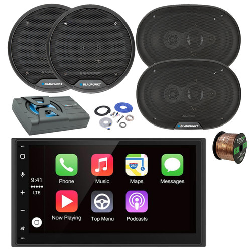 Blaupunkt MONTECARLO750 6.75" Double DIN Touchscreen Bluetooth AM/FM Stereo Receiver, 2x 6" 40W Full Range 3-Way Speakers, 2x 6x9" 70W 4-Way Car Speakers, 8" Amplified Subwoofer w/Install Kit, Wire
