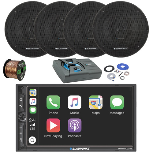 Blaupunkt SAO PAULO 500 7" Touchscreen Double Din Bluetooth MP3 Stereo Receiver, 4x 6.5" 70 Watt 3-Way Slim Design Car Speakers, 8" Amplified Subwoofer w/Install Kit, Wire