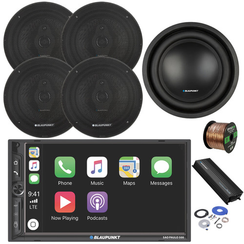 Blaupunkt SAO PAULO 500 7" Touchscreen Double Din Bluetooth MP3 Stereo Receiver, 4x 6.5" 70 Watt 3-Way Slim Design Car Speakers, 5-Channel Amplifier w/Install Kit, 10" Subwoofer, Wire