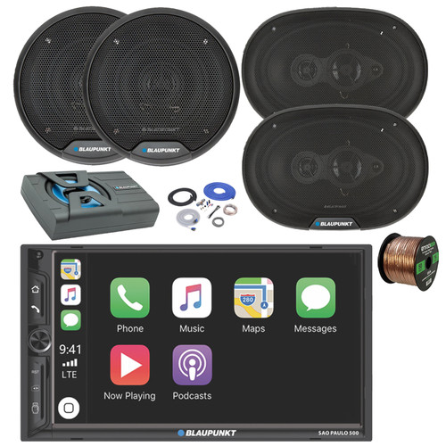 Blaupunkt SAO PAULO 500 7" Touchscreen Double Din Bluetooth MP3 Stereo Receiver, 2x 6" 40W Full Range 3-Way Speakers, 2x 6x9" 70W 4-Way Car Audio Speakers, 8" Amplified Subwoofer w/Install Kit, Wire