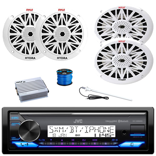 JVC KD-X38MBS Single DIN Marine Bluetooth USB/AUX LED AM/FM Radio SiriusXM Ready Stereo Receiver, 2x 6x9" 260W Max 2-Way Speakers, 2x 6.5'' 200W 2-Way Speakers, 4 Channel Amplifier, Antenna, Wire