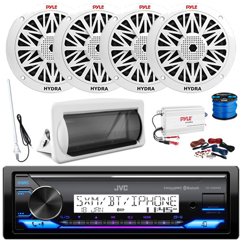 JVC KD-X38MBS Single DIN Marine Bluetooth USB/AUX LED AM/FM Radio SiriusXM Ready Stereo Receiver w/White Cover, 4x 6.5'' 200W Max 2-Way Full-Range Speakers, 4-Channel Amplifier w/Kit, Antenna, Wire