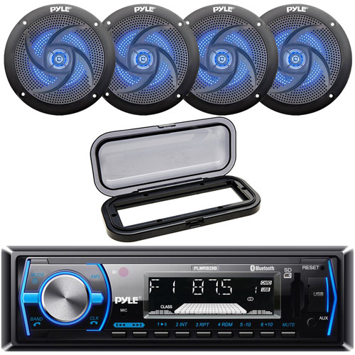 Pyle PLMRB29B Single DIN Marine Bluetooth USB/AUX MP3 Player AM/FM Radio In-Dash Black Stereo Receiver w/ Black Cover, 4x 5.25" 180W Max 2-Way Waterproof Low Profile Slim Style Blue LED Speakers