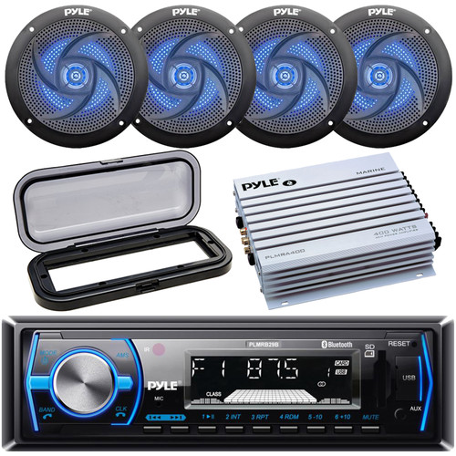 Pyle PLMRB29B Single DIN Marine Bluetooth USB/AUX MP3 Player AM/FM Radio In-Dash Black Stereo Receiver w/ Black Cover, 4x 5.25" 180W Max 2-Way Slim Style Blue LED Speakers, 4 Channel Amplifier