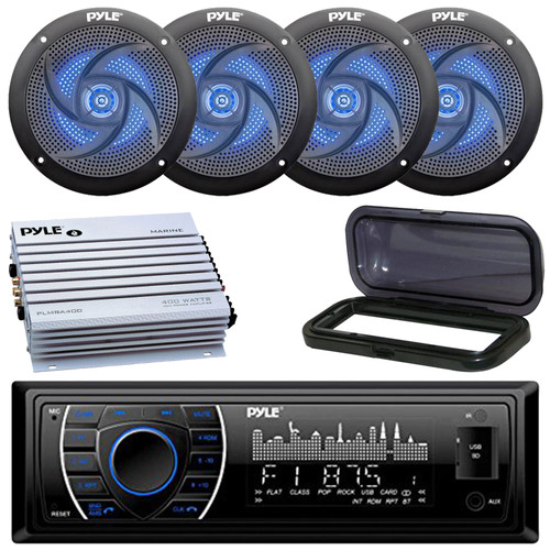 Pyle PLRMR27BTB Single DIN Marine Bluetooth USB/AUX MP3 Player AM/FM Radio Stereo Receiver w/Black Cover, 4x 5.25" 180W Max 2-Way Low Profile Slim Style Blue LED Black Speakers, 4 Channel Amplifier