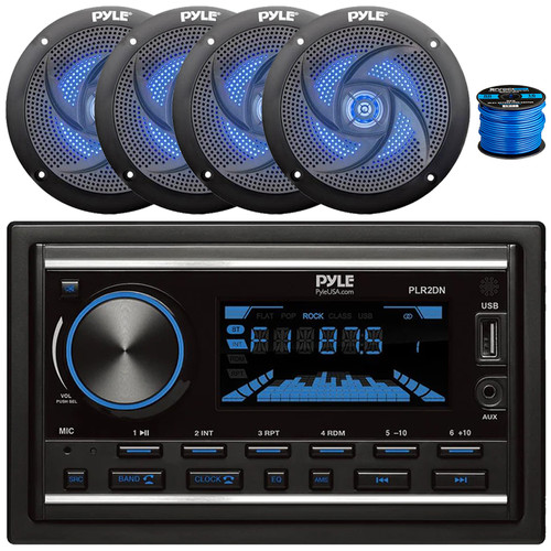 Pyle PLR2DN Double DIN Marine Bluetooth 300 Watt USB/AUX MP3 Player AM/FM Radio Stereo Receiver, 4x 5.25" 180W Max 2-Way Low Profile Slim Style Blue LED Black Speakers, 50 Feet 16 Gauge Speaker Wire