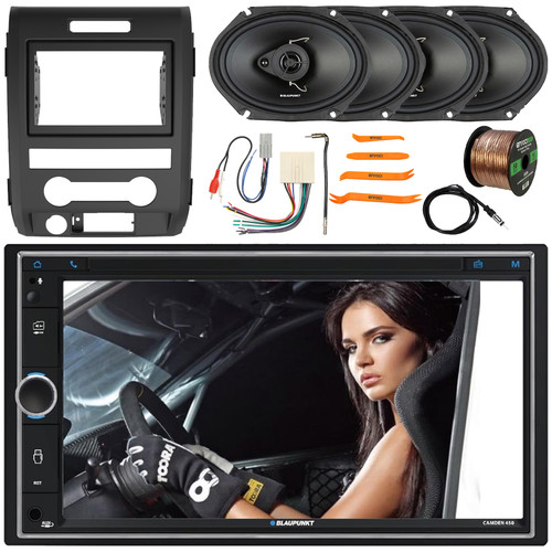 Blaupunkt CAMDEN 450 7” Double DIN Bluetooth AM/FM Radio Digital Media Multimedia Receiver w/ Install Kit, 4x 6x8" 60W Max 3-Way Speakers, Wiring Harness, Antenna Adapter, Antenna, Wire, Pry Tool Set