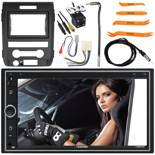 Blaupunkt CAMDEN 450 7” Double DIN Bluetooth AM/FM Radio Digital Media Multimedia Receiver w/ Install Kit, Wiring Harness, Antenna Adapter, Rear View Camera, Antenna, Pry Tool Set (1998-2012 Ford)