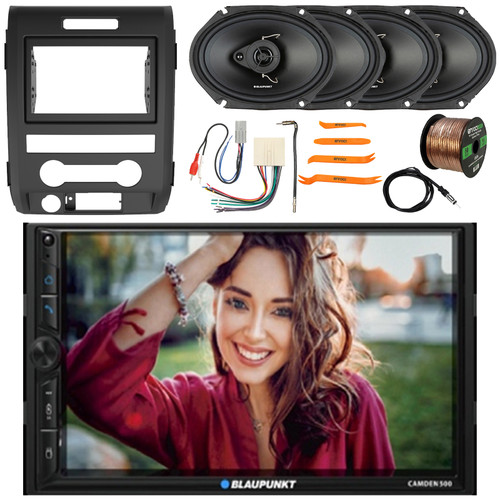 Blaupunkt CAMDEN 500 7" Double Din Bluetooth USB/AUX MP3 Player AM/FM Radio Stereo Receiver w/ Install Kit, 4x 6x8" 60W Max 3-Way Speakers, Wiring Harness, Antenna Adapter, Antenna, Wire, Pry Tool Set