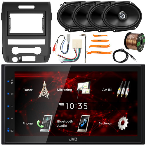 JVC KW-M180BT Double DIN 6.8" Touchscreen Bluetooth USB Digital Multimedia Stereo Receiver w/ Install Kit, 4x 6x8" 300W Max 2-Way Speakers, Wiring Harness, Antenna Adapter, Antenna, Wire, Pry Tool Set
