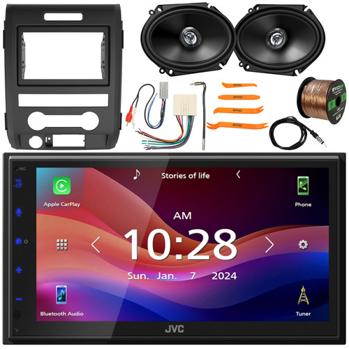 JVC KW-M590BT Double DIN 6.8" Bluetooth USB AM/FM Radio Digital Media Car Audio Receiver w/ Install Kit, 2x 6x8" 300W Max 2-Way Speakers, Wiring Harness, Antenna Adapter, Antenna, Wire, Pry Tool Set