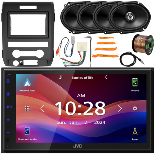JVC KW-M595BT Double DIN Bluetooth USB AM/FM Radio Digital Media Car Audio Stereo Receiver w/ Install Kit, 4x 6x8" 300W Max 2-Way Speakers, Wiring Harness, Antenna Adapter, Antenna, Wire, Pry Tool Set