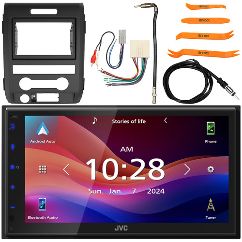 JVC KW-M595BT Double DIN 6.8" WSVGA LCD Touchscreen Bluetooth USB AM/FM Digital Media Car Stereo Receiver w/ Install Kit, Wiring Harness, Antenna Adapter, Antenna, Pry Tool Set (Fits 1998-2012 Ford)