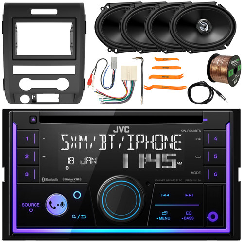 JVC KW-R950BTS Double DIN Bluetooth USB/AUX CD Player AM/FM Car Audio Stereo Receiver w/ Install Kit, 4x 6x8" 300W Max 2-Way Speakers, Wiring Harness, Antenna Adapter, Antenna, Wire, Pry Tool Set