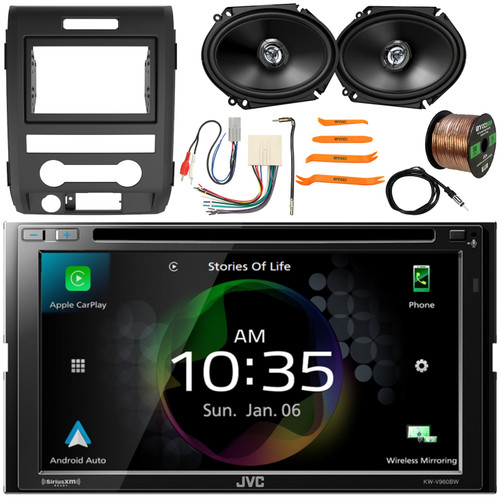 JVC KW-V960BW 6.8" WVGA Double DIN Bluetooth Dual USB CD/DVD Player Multimedia Receiver w/ Install Kit, 2x 6x8" 300W Max 2-Way Speakers, Wiring Harness, Antenna Adapter, Antenna, Wire, Pry Tool Set