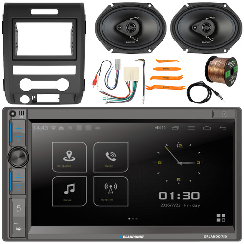 Blaupunkt Orlando 750 6.9" Touchscreen Double DIN Bluetooth USB AM/FM Car Audio Receiver w/ Install Kit, 2x 6x8" 60W Max 3-Way Speakers, Wiring Harness, Antenna Adapter, Antenna, Wire, Pry Tool Set