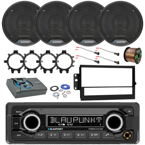 Blaupunkt DURBAN 424 Single Din 24V Bluetooth DAB+ Stereo Reciever, 4x 6.5" 60W Speakers, Amplified Subwoofer w/Kit, Speaker Wire, Harness, Adapter, Radio Install Kit (98-08 GM Truck)