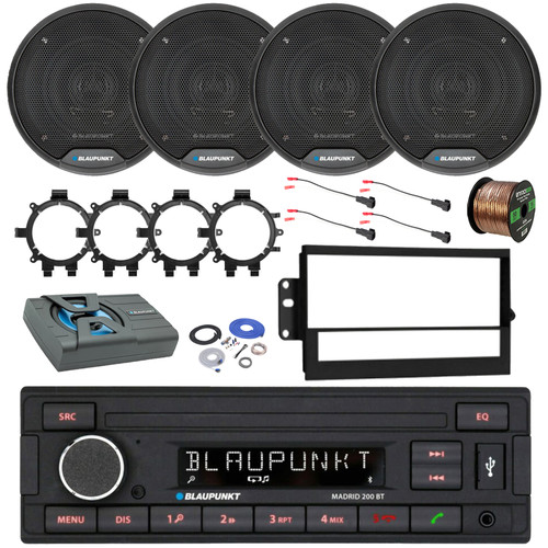 Blaupunkt Madrid 200 BT Single Din USB Bluetooth Stereo Receiver, 4x 6.5" 60W Speakers, Amplified Subwoofer w/Kit, Speaker Wire, Harness, Adapter, Radio Install Kit (98-08 GM Truck)