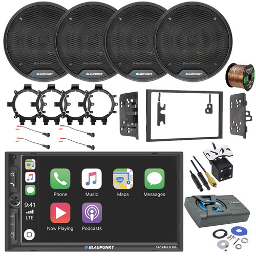 Blaupunkt SAO PAULO 500 7" Touchscreen Double Din Bluetooth Stereo Receiver, 4x 6.5" 60W Speakers, Amplified Subwoofer w/Kit, Wire, Speaker Harness, Adapter, Radio Install Kit (98-08 GM Truck)