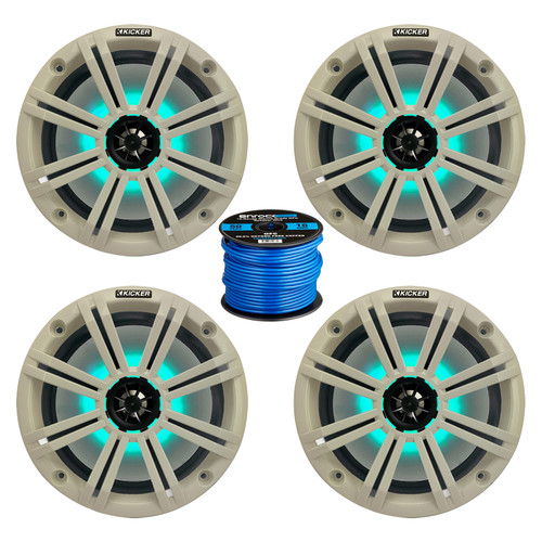 2 Pair (Qty 4) of Kicker 8" 300 Watt Max Power OEM Replacement Marine Multicolor LED Boat Audio Speakers with White Grilles, 16-Gauge 50 Feet Speaker Wire