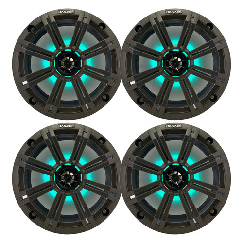 Kicker 8" 300 Watt Max Power 2-Way Marine OEM Replacement RGB MultiColor LED Coaxial Boat Audio Speakers (Qty 4) with Charcoal Grilles