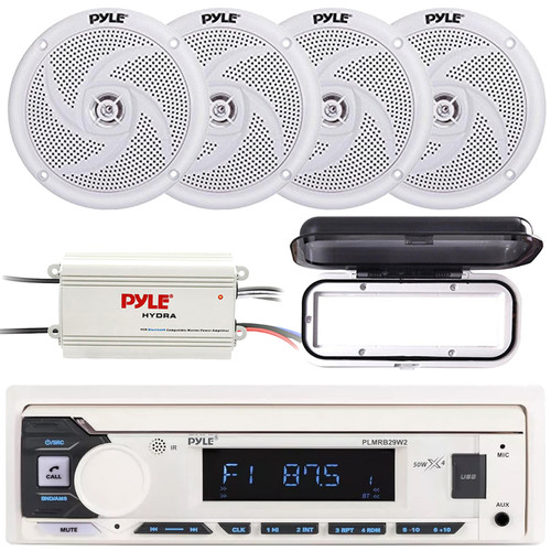 Pyle PLMRB29W2 Single DIN Marine Bluetooth USB/AUX MP3 Player AM/FM Radio Stereo Receiver w/White Cover, 4x 5.25" 180W Max Power 2-Way Low Profile Slim Style White Marine Speakers, 4 Channel Amplifier