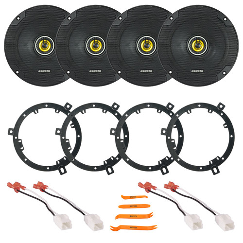 4x Kicker 6.5" 300 Watt Max Power 2-Way Coaxial Car Audio Speakers, 4x 6" to 6.75" Speaker Adapter, 2x Speaker Harness, Pry Tool Set (Bundle Fits Select 2007-2014 Jeep Wrangler JK)