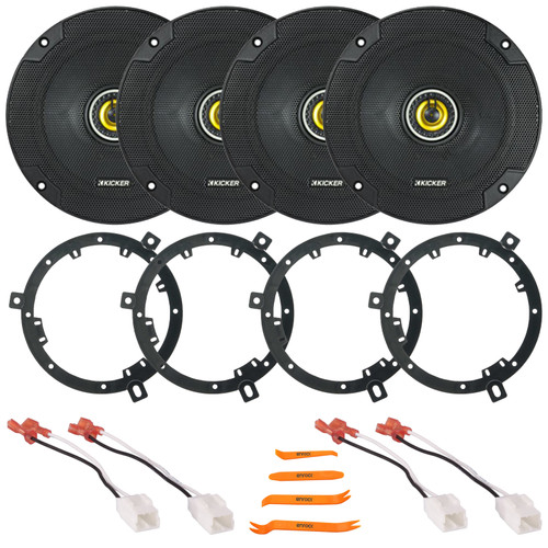 4x Kicker CSC65 CS Series 6.5" 300W Max Power 4 Ohm 2-Way Coaxial Car Audio Speakers, 4x 6" to 6.75" Speaker Adapter, 2x Speaker Harness, Pry Tool Set (Bundle Fits Select 2007-2014 Jeep Wrangler JK)