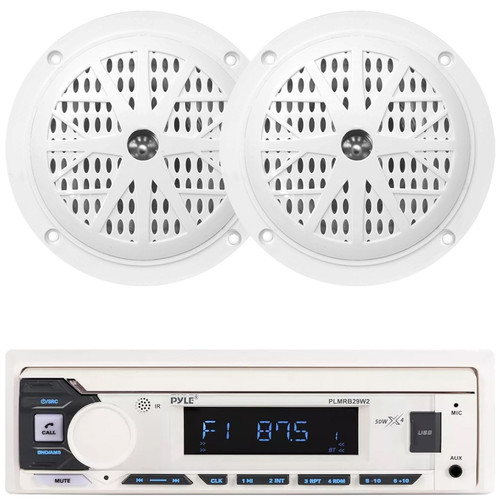 Pyle PLMRB29W2 Single DIN Marine Bluetooth USB/AUX MP3 Player AM/FM Radio Stereo Receiver, 2x Pyle PLMR41W 4" 100 Watt Max Power Dual Cone Waterproof White Stereo Speakers