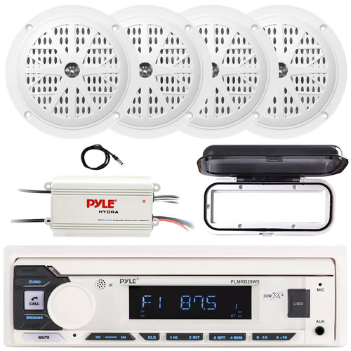 Pyle PLMRB29W2 Single DIN Marine Bluetooth USB/AUX MP3 Player AM/FM Radio Stereo Receiver w/White Cover, 4x 4" 100W Max Dual Cone Waterproof White Stereo Speakers, 4-Channel Amplifier, Radio Antenna