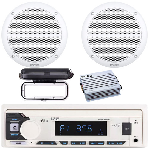 Pyle PLMRB29W2 Single DIN Marine Bluetooth USB/AUX MP3 Player AM/FM Radio Stereo Receiver w/White Cover, 2x 6.5" 90 Watt Max Power 2-Way Full Range White Boat Speakers, 4 Channel 400 Watt Amplifier
