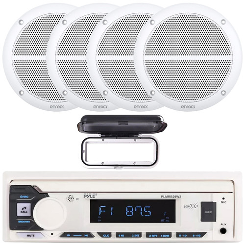 Pyle PLMRB29W2 Single DIN Marine Bluetooth USB/AUX MP3 Player AM/FM Radio Stereo Receiver w/White Cover, 4x Enrock EM602W 6.5" 90 Watt Max Power 2-Way Full Range White Boat Speakers