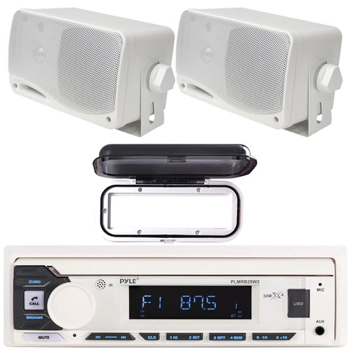 Pyle PLMRB29W2 Single DIN Marine Bluetooth USB/AUX MP3 Player AM/FM Radio Stereo Receiver w/White Cover, 2x Pyle PLMR24 3.5" 200 Watt Max Power 3-Way Weather Proof White Mini Box Speakers