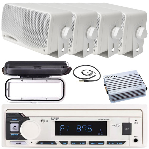 Pyle PLMRB29W2 Single DIN Marine Bluetooth USB/AUX MP3 Player AM/FM Radio Stereo Receiver w/White Cover, 4x 3.5" 200 Watt Max Power 3-Way White Mini Box Speakers, 4 Channel Amplifier, Radio Antenna