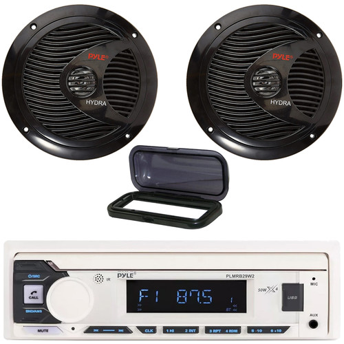 Pyle PLMRB29W2 Single DIN Marine Bluetooth USB/AUX MP3 Player AM/FM Radio Stereo Receiver w/Black Cover, 2x 6.5" 150 Watt Max Power Full Range Dual Cone Waterproof Black Boat Stereo Speakers